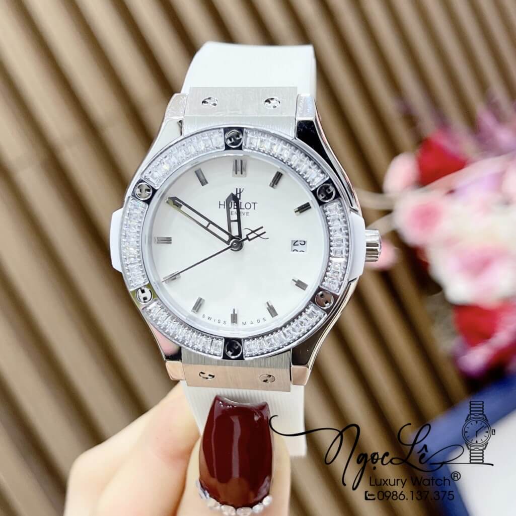 Đồng Hồ Hublot Classic Fusion Nữ Dây Silicon Trắng Đính Đá Ống Size 34mm