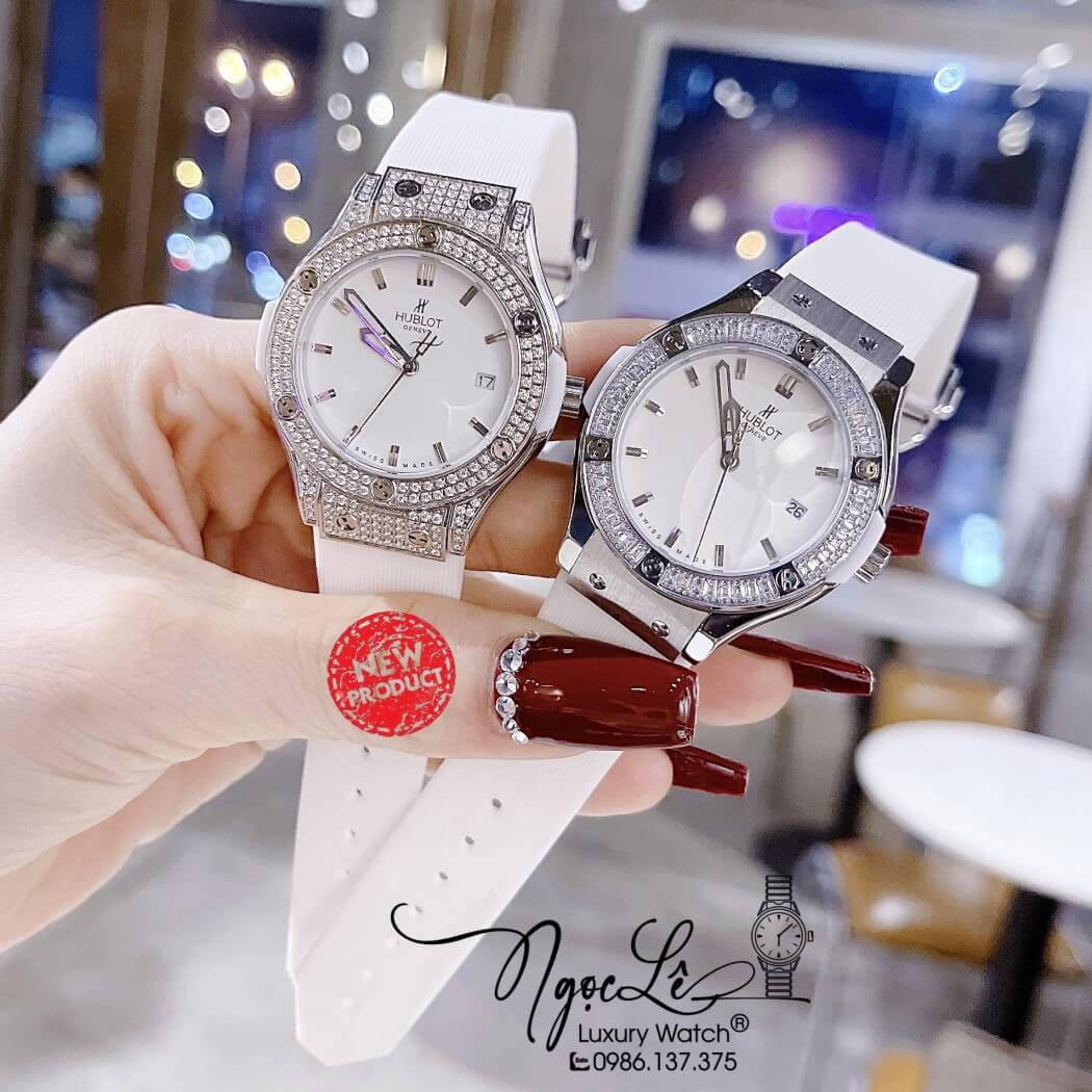 Đồng Hồ Hublot Classic Fusion Nữ Dây Silicon Trắng Đính Đá Size 34mm