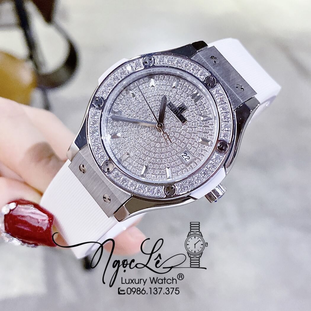 Đồng Hồ Hublot Classic Fusion Nữ Dây Silicon Trắng Đính Đá Size 34mm