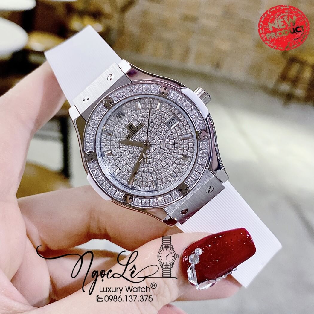 Đồng Hồ Hublot Classic Fusion Nữ Dây Silicon Trắng Đính Đá Size 34mm