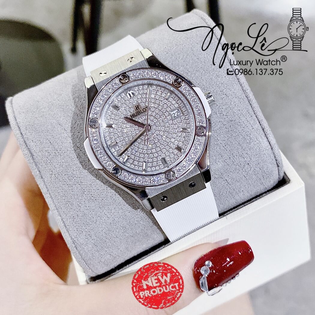 Đồng Hồ Hublot Classic Fusion Nữ Dây Silicon Trắng Đính Đá Size 34mm