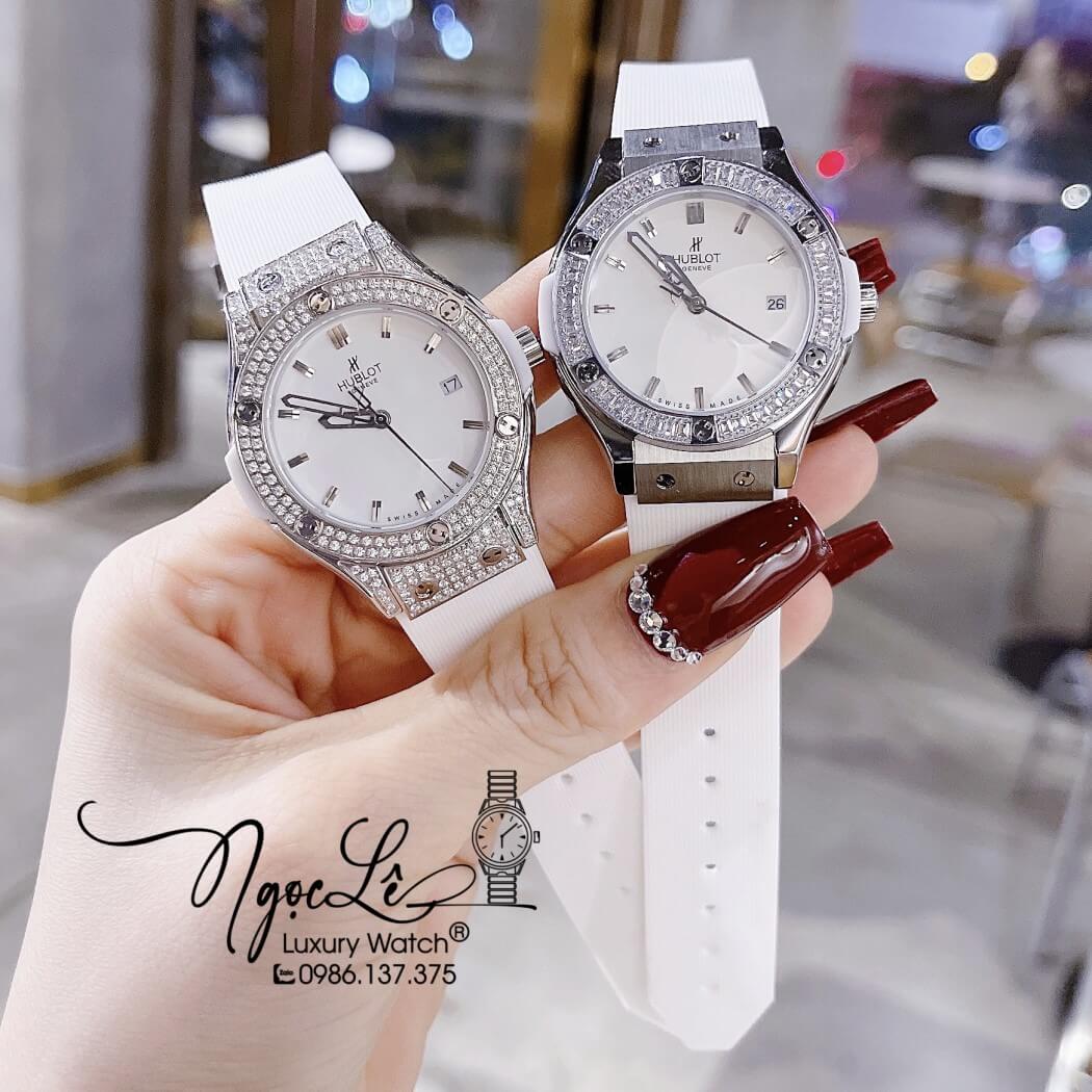 Đồng Hồ Hublot Classic Fusion Nữ Dây Silicon Trắng Đính Đá Size 34mm
