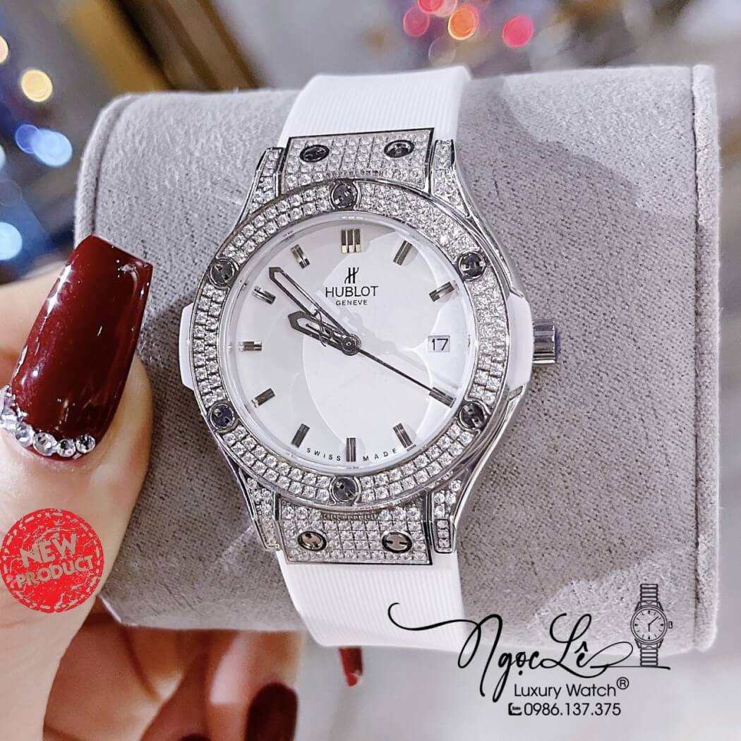 Đồng Hồ Hublot Classic Fusion Nữ Dây Silicon Trắng Đính Đá Size 34mm