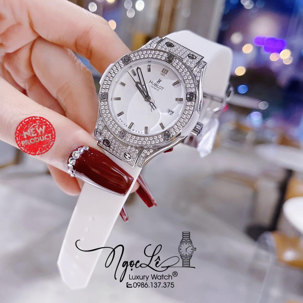 Đồng Hồ Hublot Classic Fusion Nữ Dây Silicon Trắng Đính Đá Size 34mm