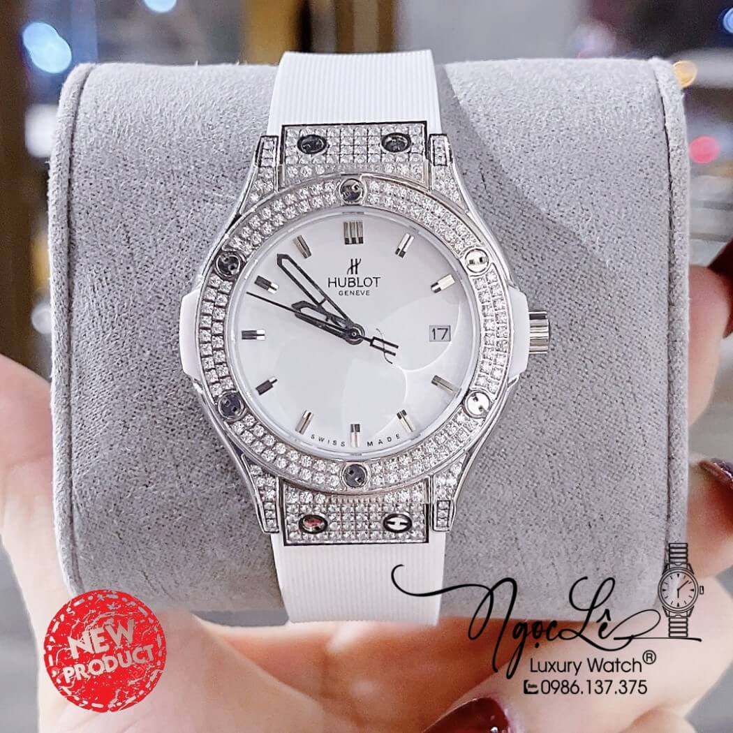 Đồng Hồ Hublot Classic Fusion Nữ Dây Silicon Trắng Đính Đá Size 34mm