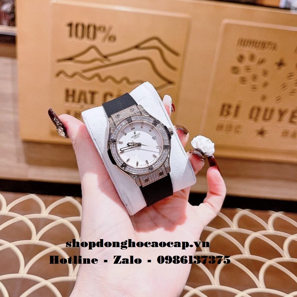 Đồng Hồ Hublot Nữ Dây Silicon Đen Đính Đá Rose 34mm 