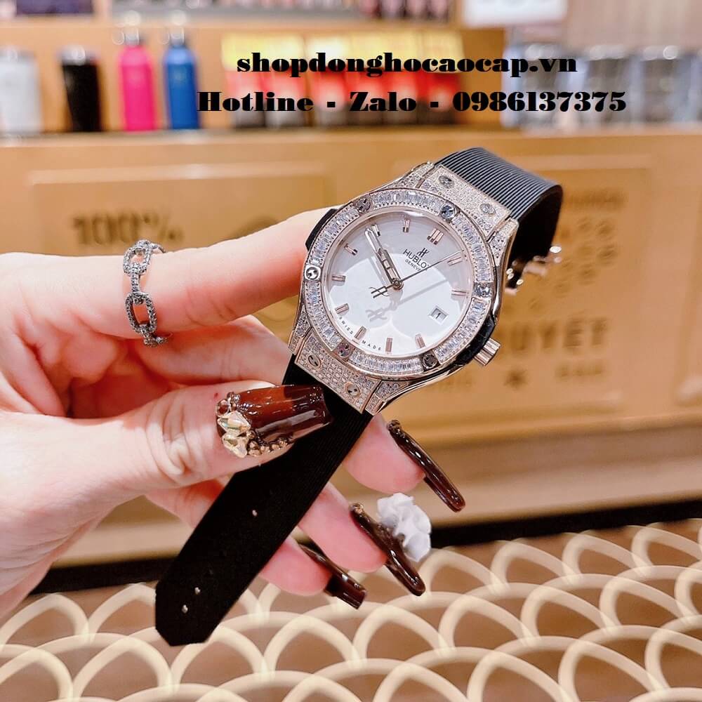 Đồng Hồ Hublot Nữ Dây Silicon Đen Đính Đá Rose 34mm 