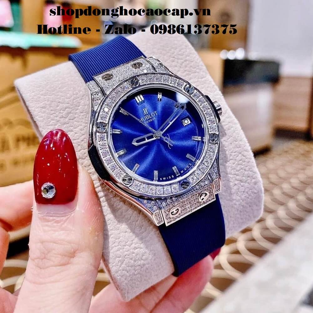 Đồng Hồ Hublot Nữ Dây Silicon Xanh Dương Đính Đá 34mm