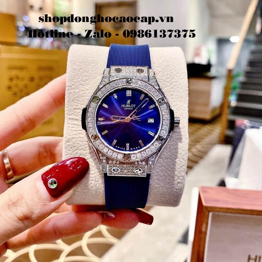 Đồng Hồ Hublot Nữ Dây Silicon Xanh Dương Đính Đá 34mm