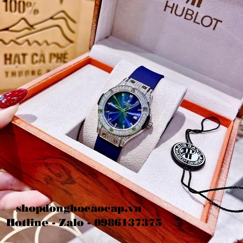 Đồng Hồ Hublot Nữ Dây Silicon Xanh Dương Đính Đá 34mm