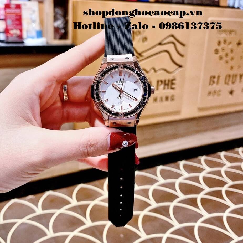 Đồng Hồ Hublot Nữ Cao Cấp Dây Silicon Đen Đính Đá Đen Rose 34mm