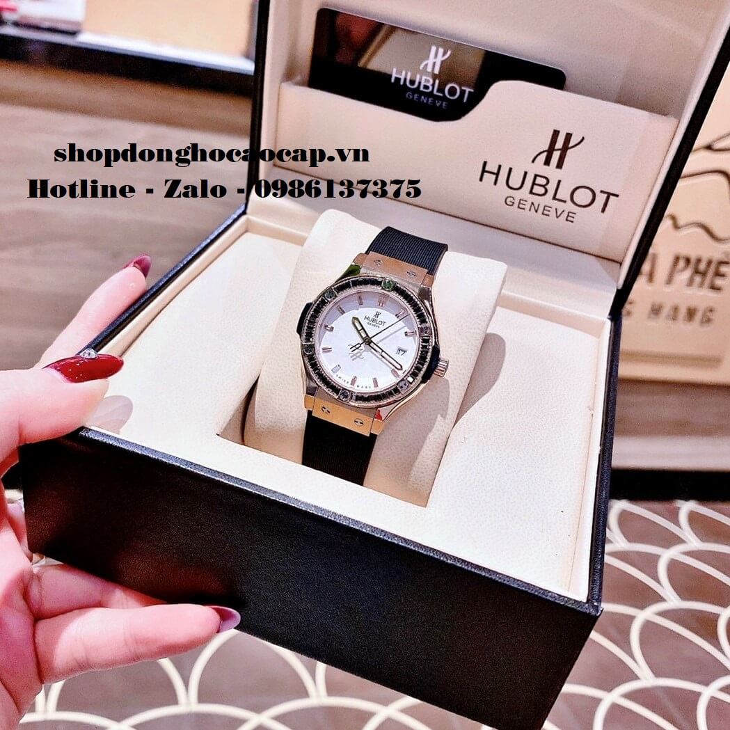 Đồng Hồ Hublot Nữ Cao Cấp Dây Silicon Đen Đính Đá Đen Rose 34mm