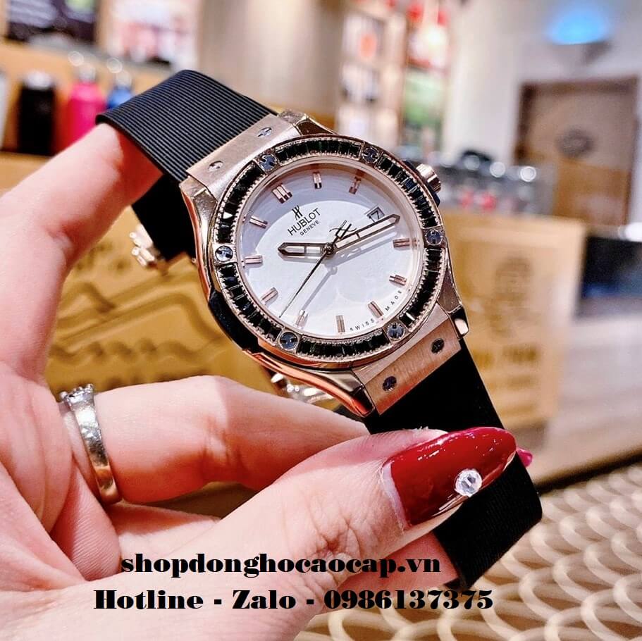 Đồng Hồ Hublot Nữ Cao Cấp Dây Silicon Đen Đính Đá Đen Rose 34mm