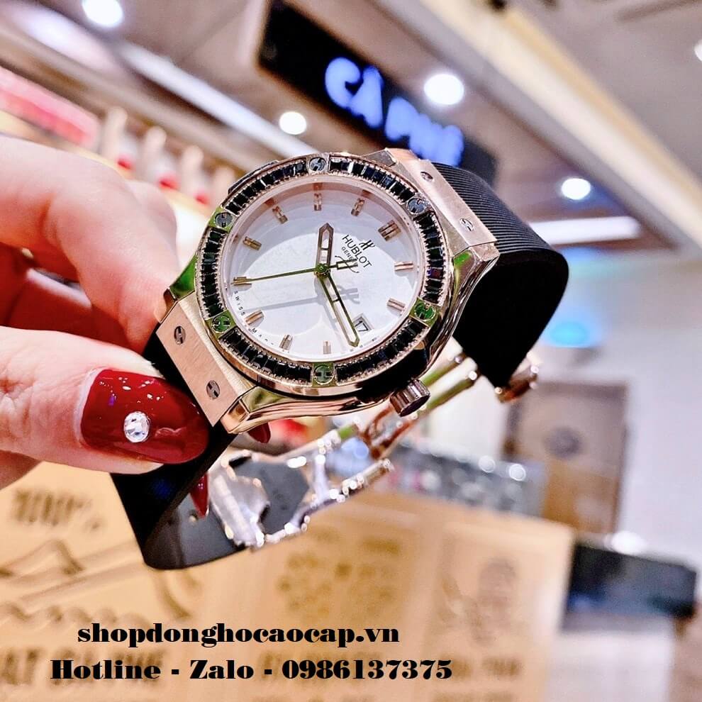 Đồng Hồ Hublot Nữ Cao Cấp Dây Silicon Đen Đính Đá Đen Rose 34mm