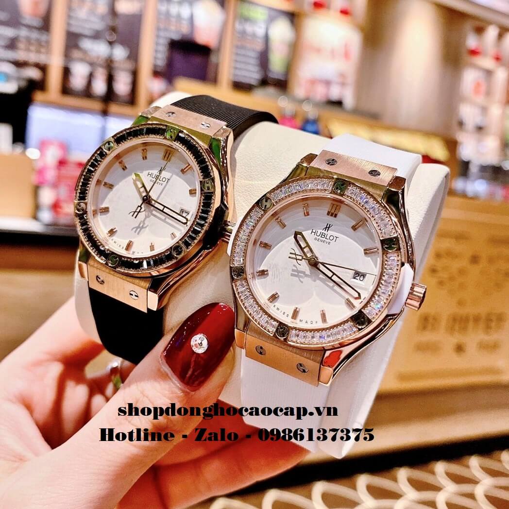 Đồng Hồ Hublot Nữ Cao Cấp Dây Silicon Đen Đính Đá Đen Rose 34mm