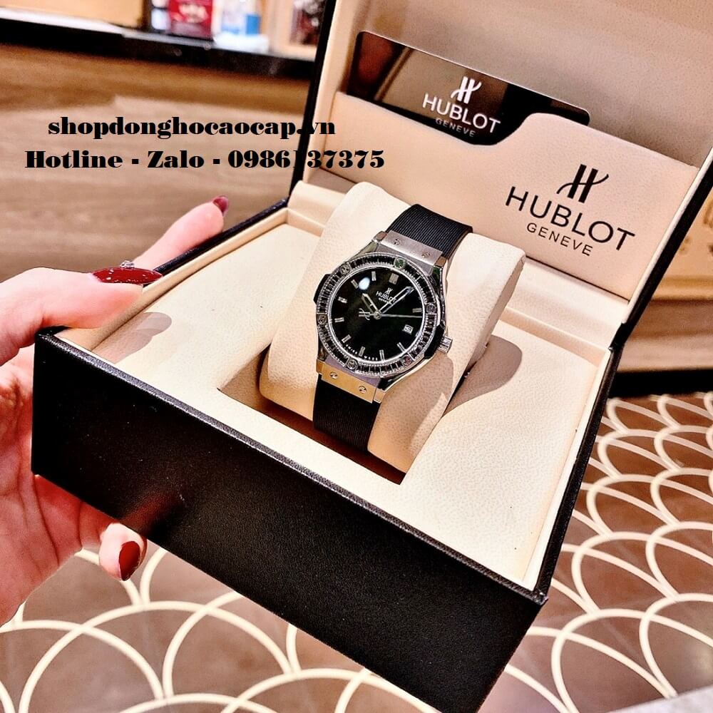 Đồng Hồ Hublot Nữ Cao Cấp Dây Silicon Đen Đính Đá Đen 34mm