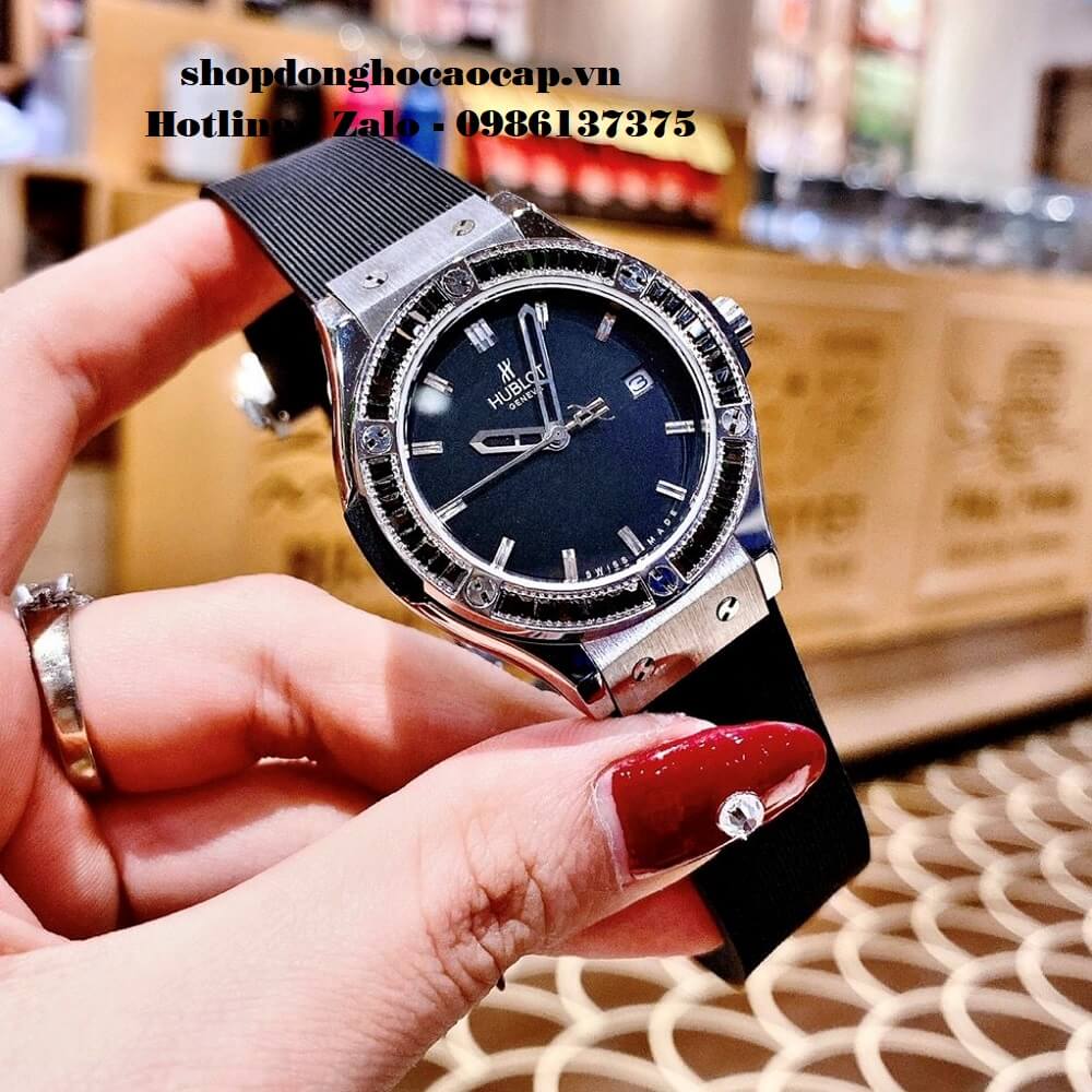 Đồng Hồ Hublot Nữ Cao Cấp Dây Silicon Đen Đính Đá Đen 34mm