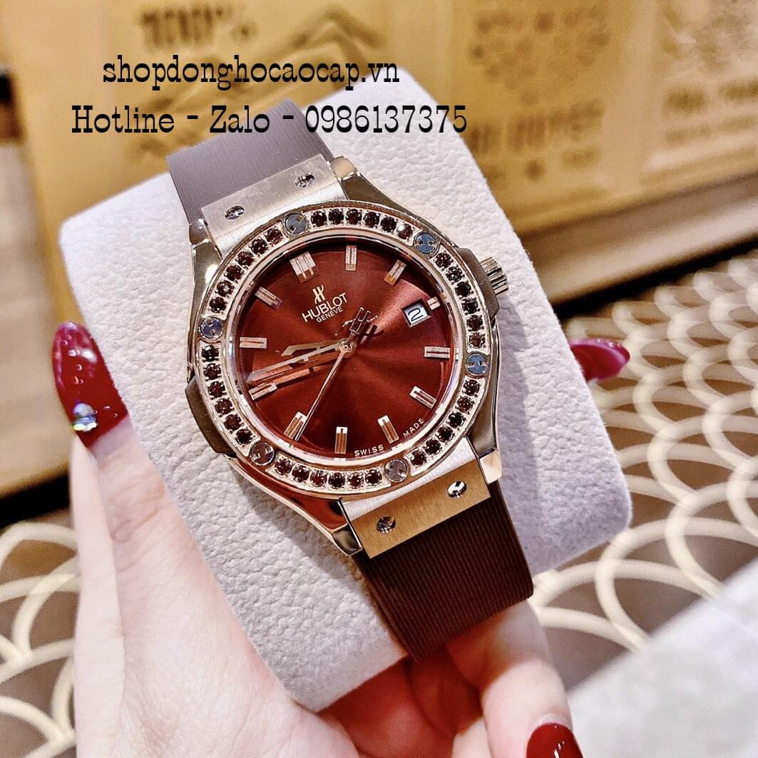 Đồng Hồ Hublot Nữ Silicon Nâu Đính Đá Rose 34mm