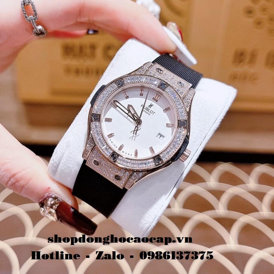 Đồng Hồ Hublot Nữ Dây Silicon Đen Đính Đá Rose 34mm 