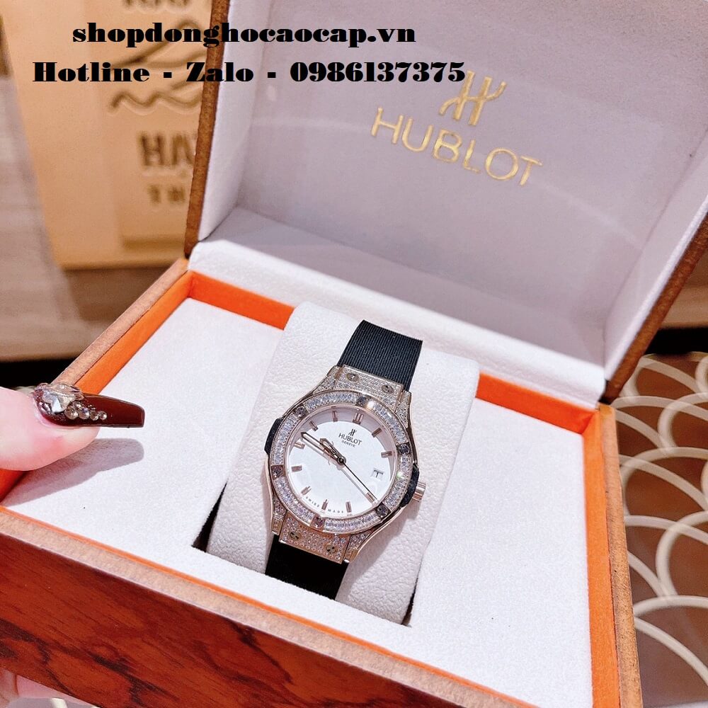 Đồng Hồ Hublot Nữ Dây Silicon Đen Đính Đá Rose 34mm 