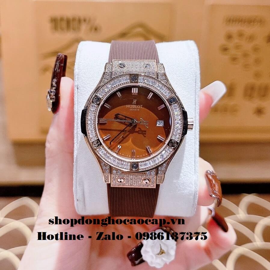 Đồng Hồ Hublot Nữ Cao Cấp Dây Silicon Nâu Đính Đá Rose 34mm