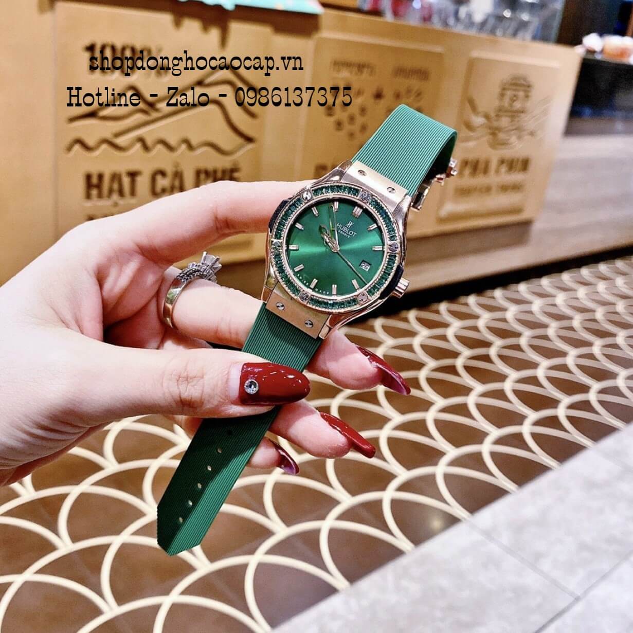 Đồng Hồ Hublot Nữ Silicon Xanh Lá Đính Đá Rose 34mm