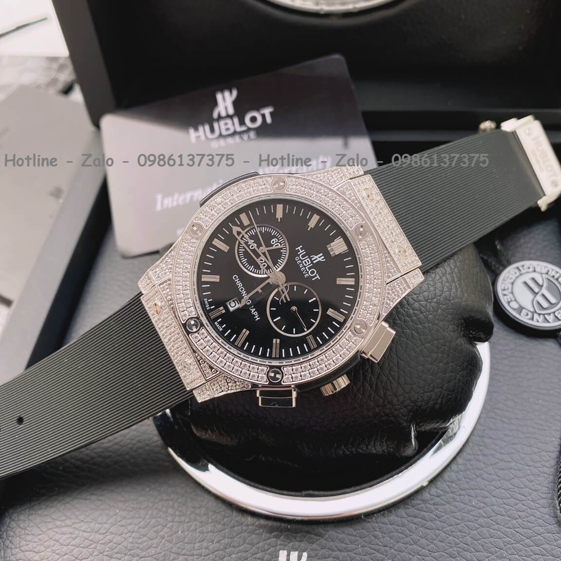 Đồng Hồ Nữ Hublot 5 Kim Đính Đá Dây Silicon Đen 34mm