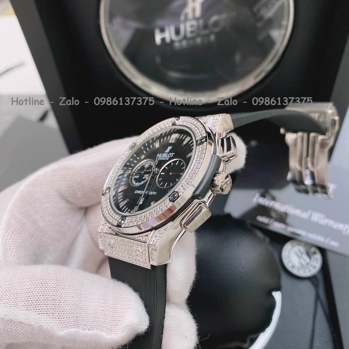 Đồng Hồ Nam Hublot 5 Kim Đính Đá Dây Silicon Đen 43mm