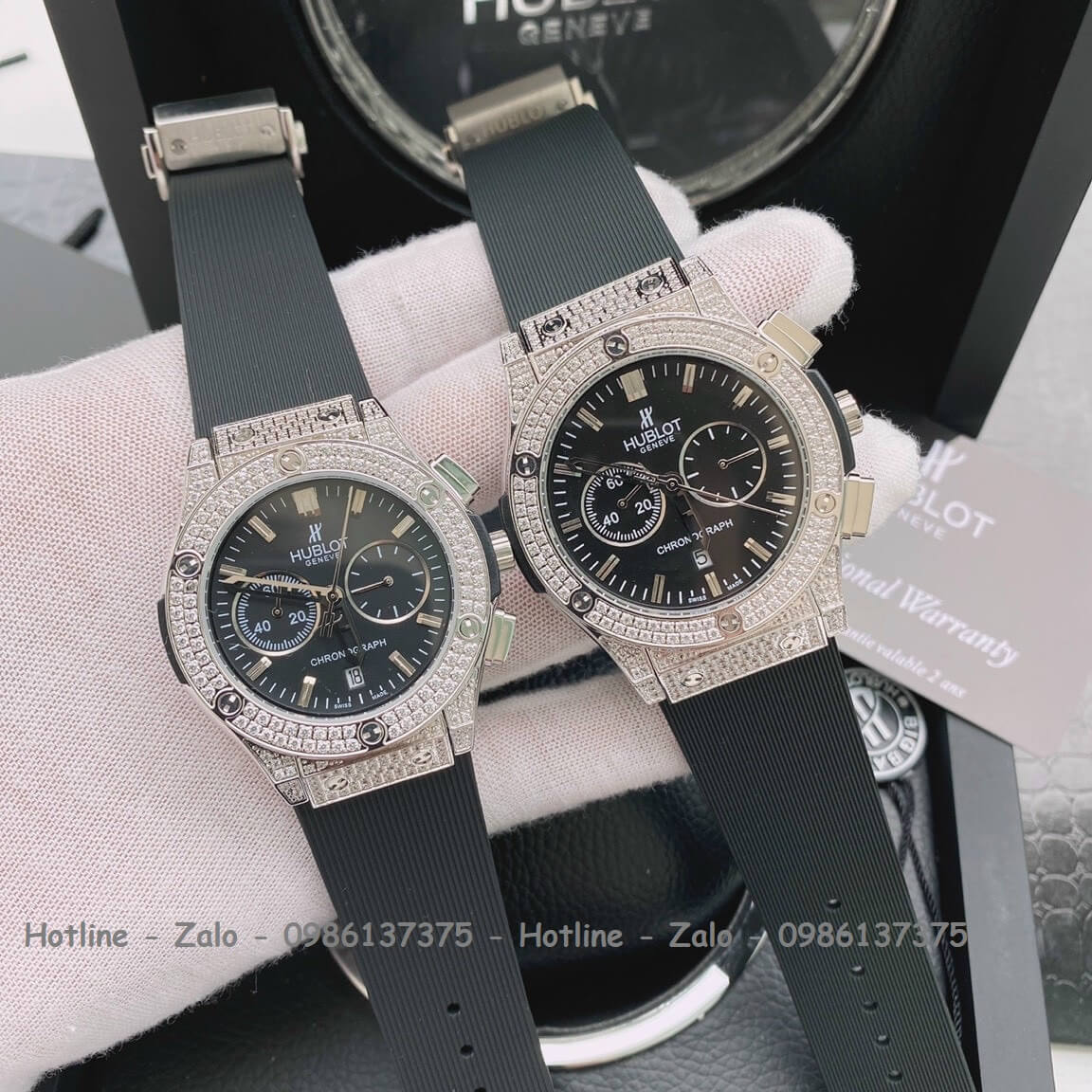 Đồng Hồ Cặp Hublot Quartz 5 Kim Silicon Đen Đính Đá Silver