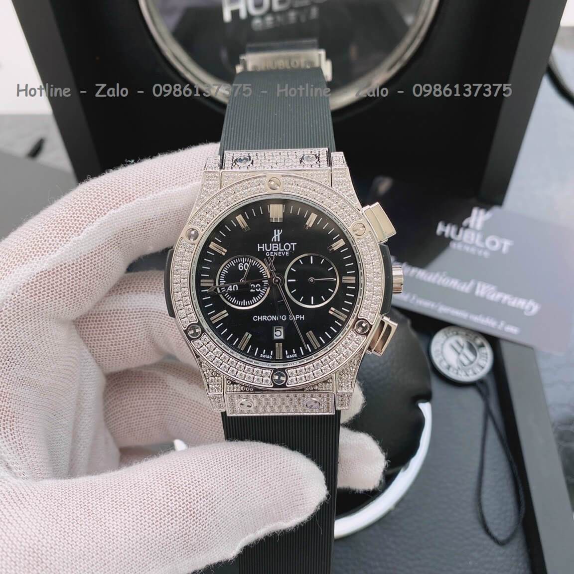 Đồng Hồ Cặp Hublot Quartz 5 Kim Silicon Đen Đính Đá Silver