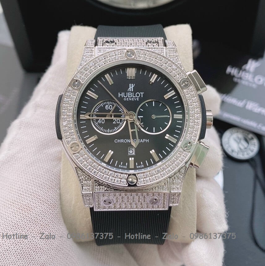 Đồng Hồ Nam Hublot 5 Kim Đính Đá Dây Silicon Đen 43mm - Silver