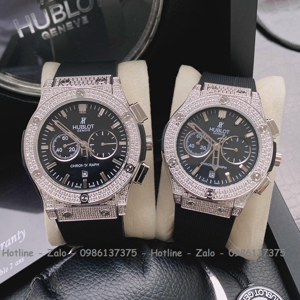 Đồng Hồ Cặp Hublot Quartz 5 Kim Silicon Đen Đính Đá Silver