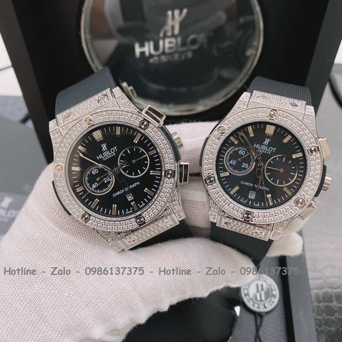 Đồng Hồ Cặp Hublot Quartz 5 Kim Silicon Đen Đính Đá Silver