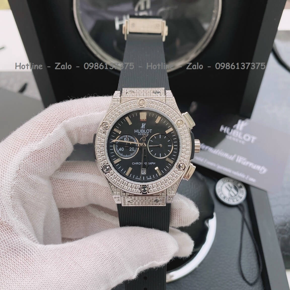 Đồng Hồ Cặp Hublot Quartz 5 Kim Silicon Đen Đính Đá Silver