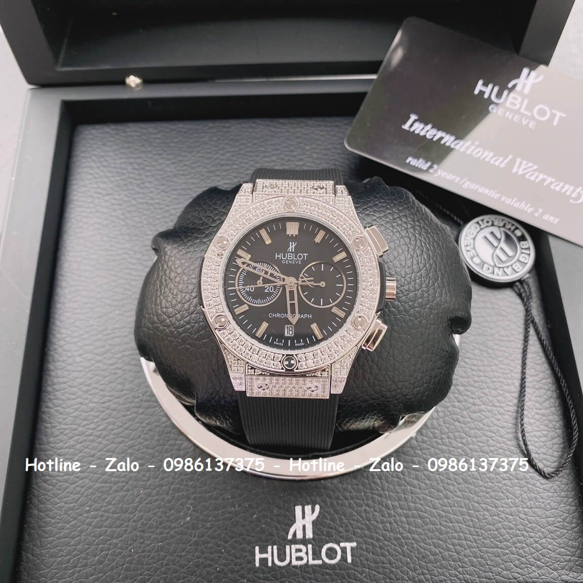 Đồng Hồ Nữ Hublot 5 Kim Đính Đá Dây Silicon Đen 34mm