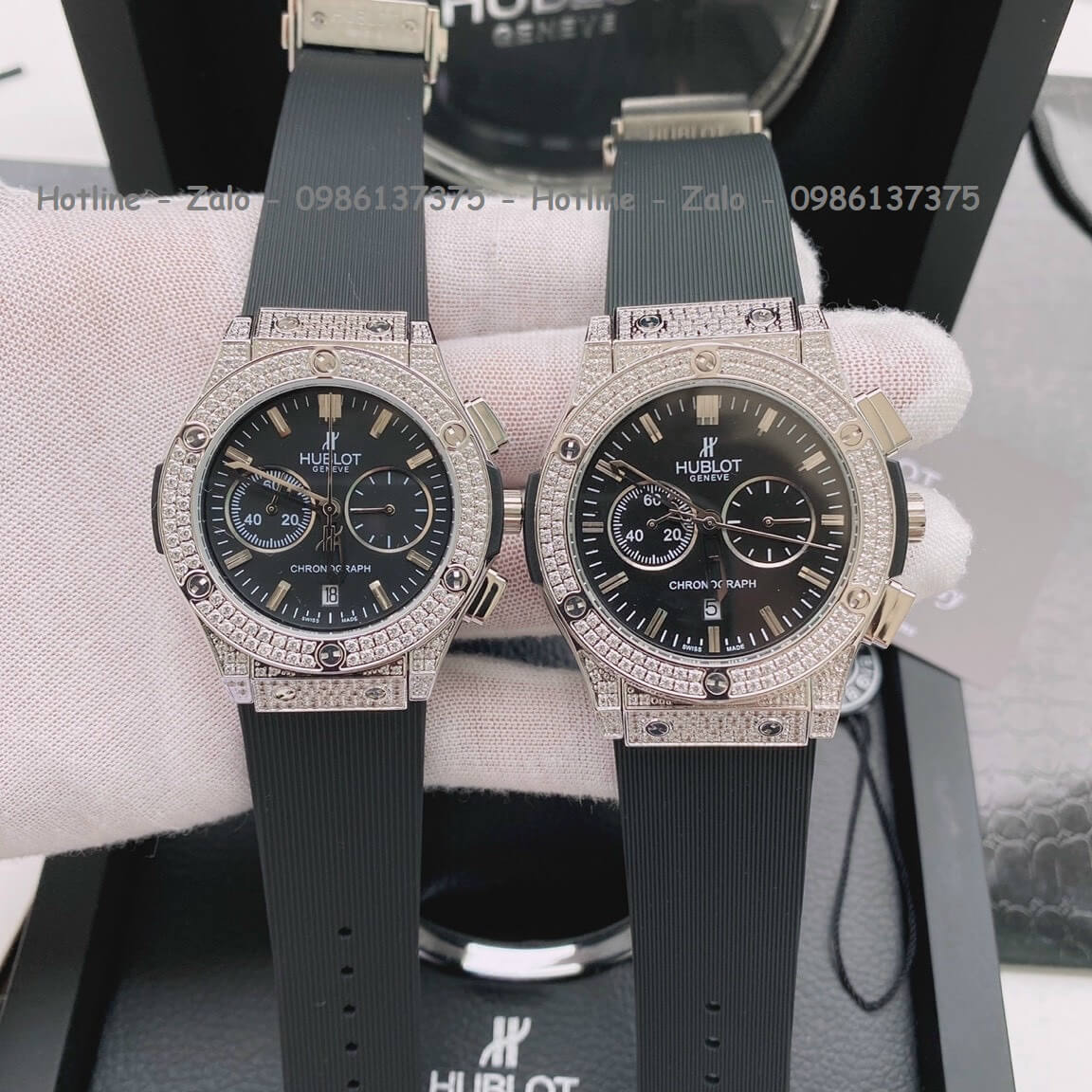 Đồng Hồ Cặp Hublot Quartz 5 Kim Silicon Đen Đính Đá Silver