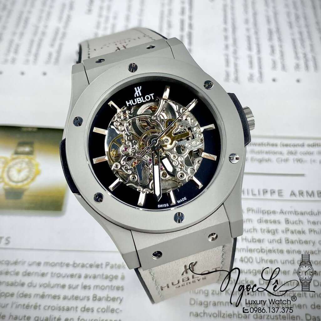 Đồng Hồ Nam Hublot Skeleton Automatic Dây Da Silicon Màu Xám Lộ Máy Size 42mm
