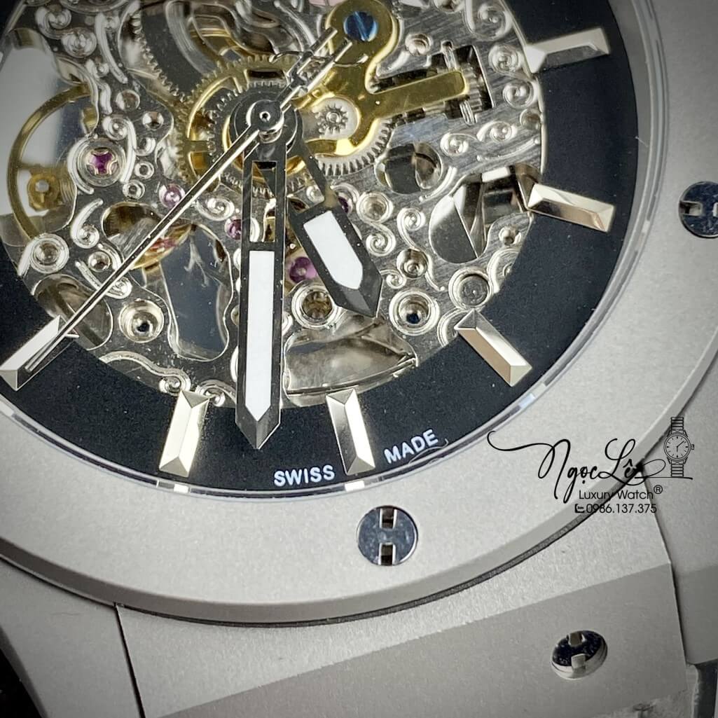 Đồng Hồ Nam Hublot Skeleton Automatic Dây Da Silicon Màu Xám Lộ Máy Size 42mm