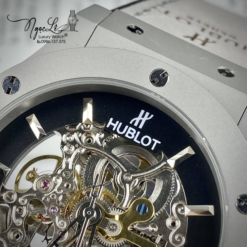 Đồng Hồ Nam Hublot Skeleton Automatic Dây Da Silicon Màu Xám Lộ Máy Size 42mm