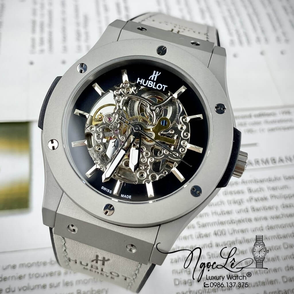 Đồng Hồ Nam Hublot Skeleton Automatic Dây Da Silicon Màu Xám Lộ Máy Size 42mm