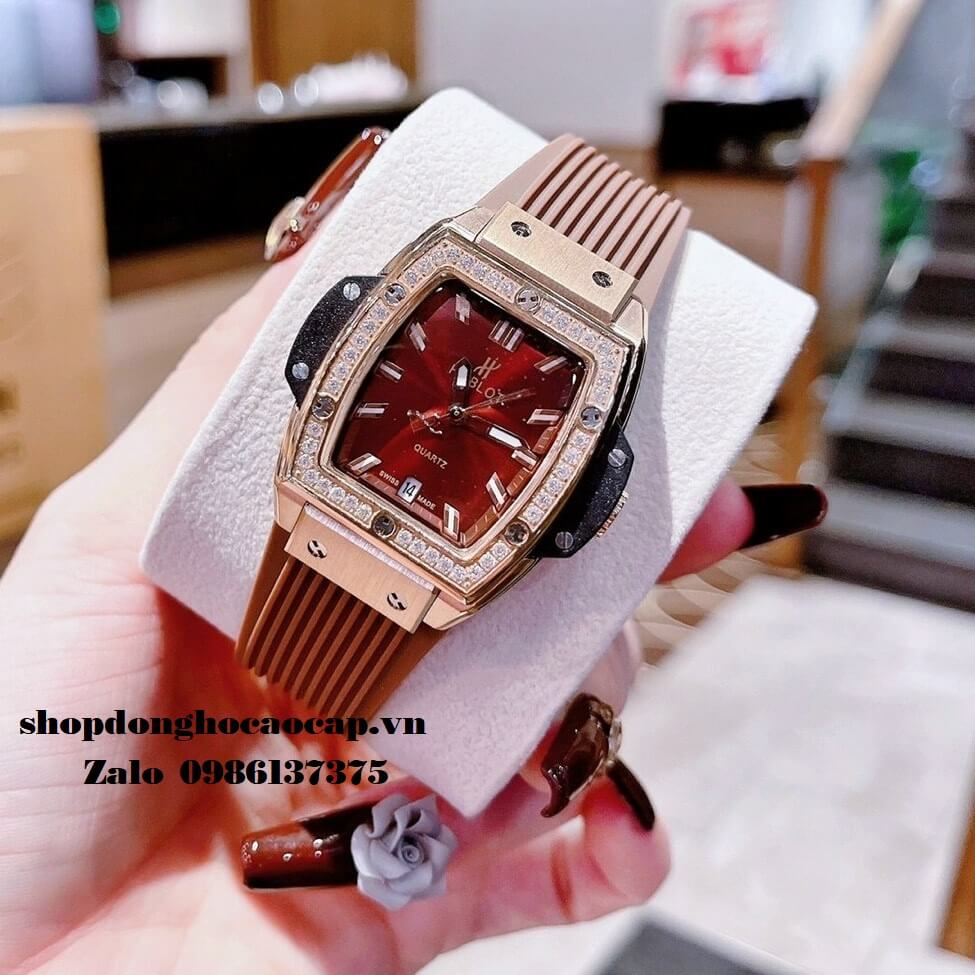 Đồng Hồ Hublot Nữ Spirit Of Big Bang Silicon Nâu Đính Đá Rose