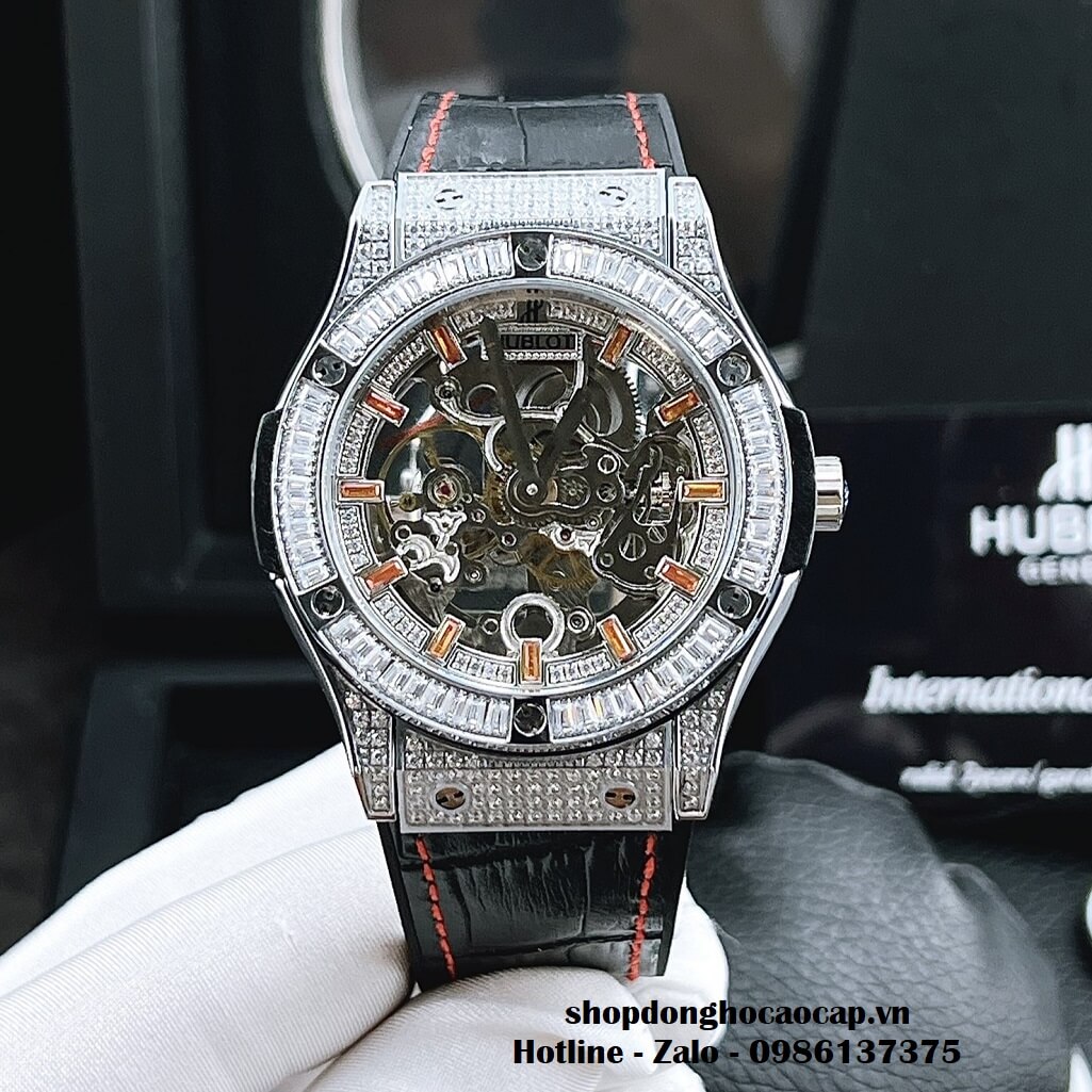 Đồng Hồ Hublot Automatic Nam Lộ Máy Dây Da Silicon Đen Đính Đá 42mm