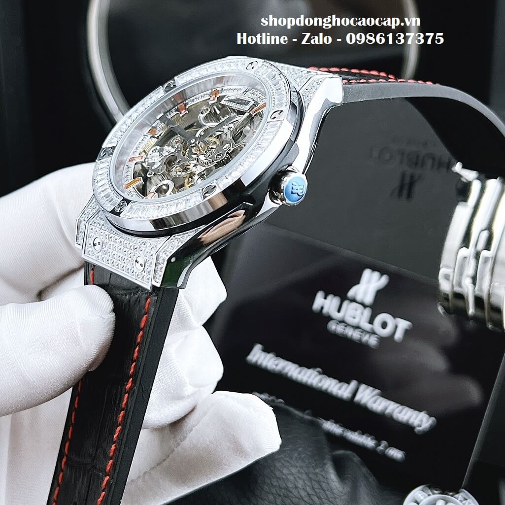 Đồng Hồ Hublot Automatic Nam Lộ Máy Dây Da Silicon Đen Đính Đá 42mm