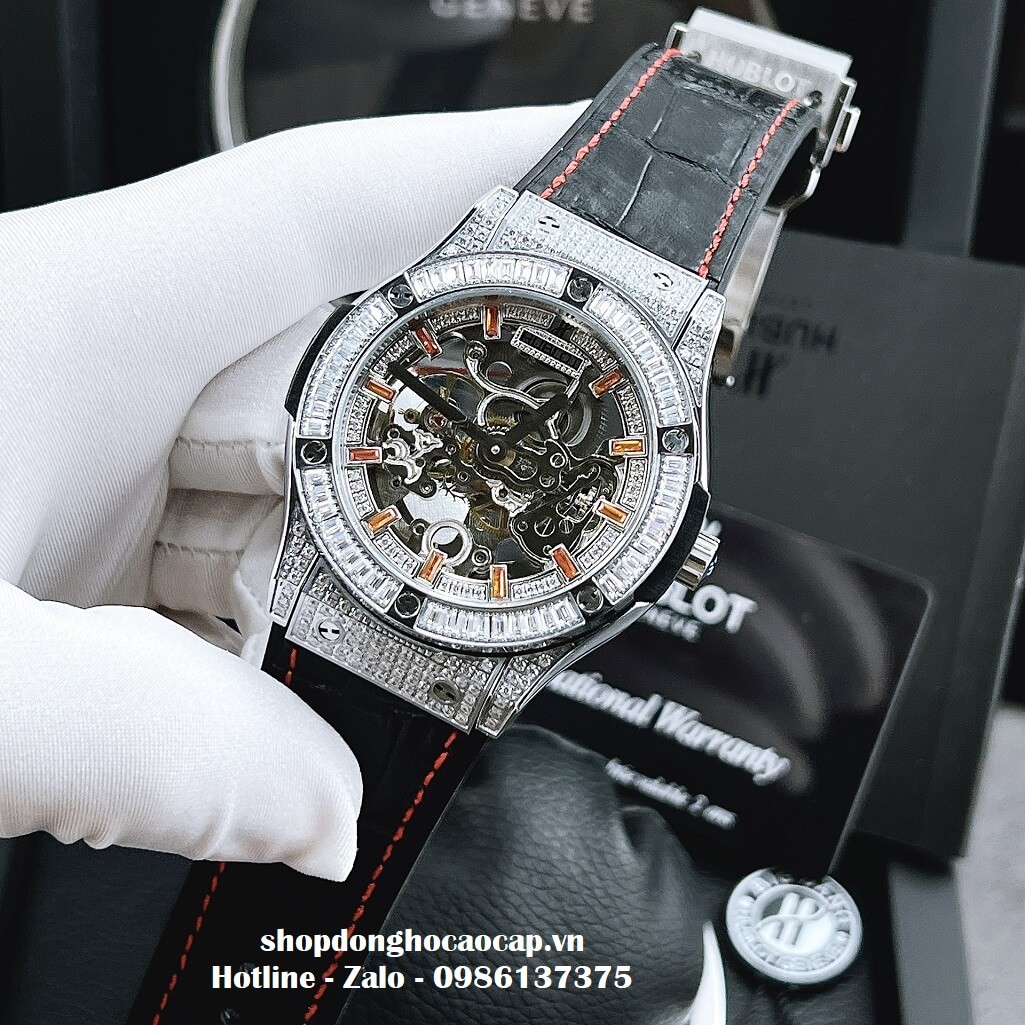 Đồng Hồ Hublot Automatic Nam Lộ Máy Dây Da Silicon Đen Đính Đá 42mm