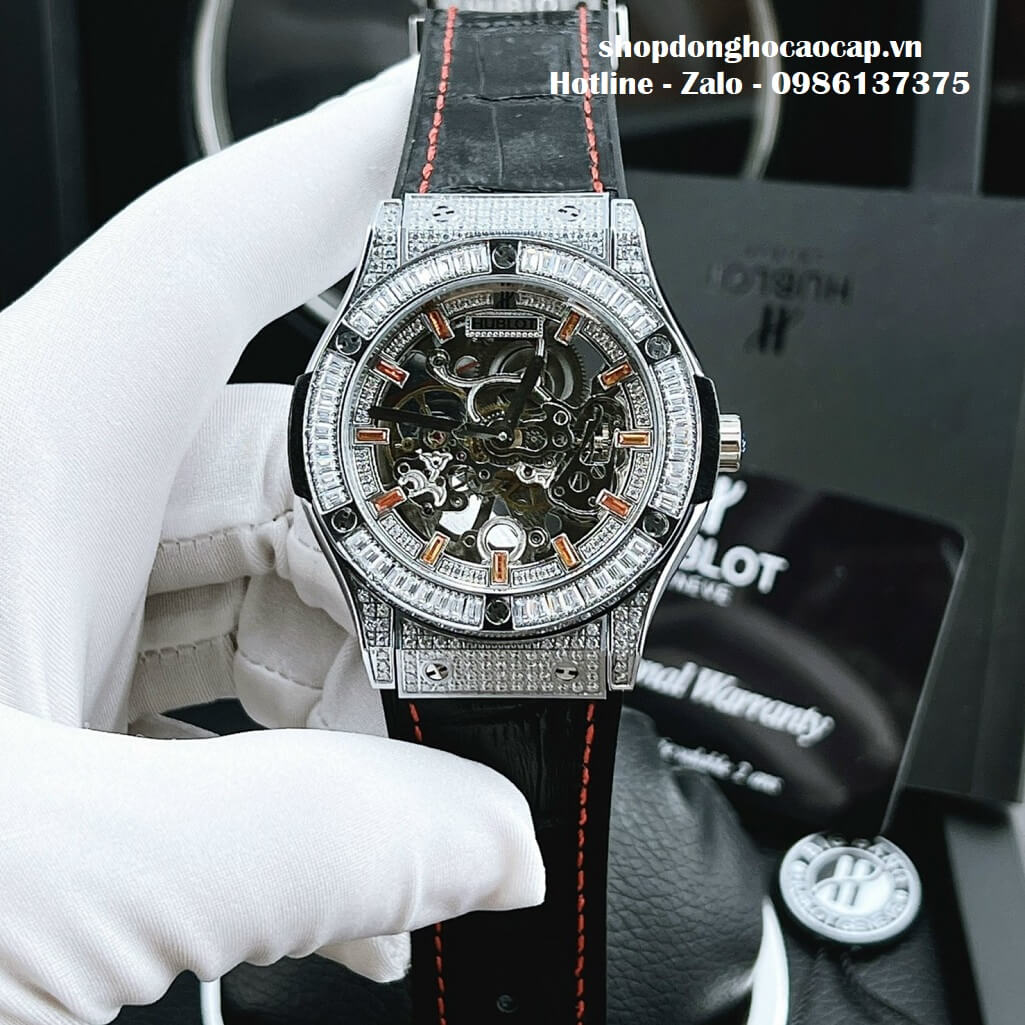 Đồng Hồ Hublot Automatic Nam Lộ Máy Dây Da Silicon Đen Đính Đá 42mm