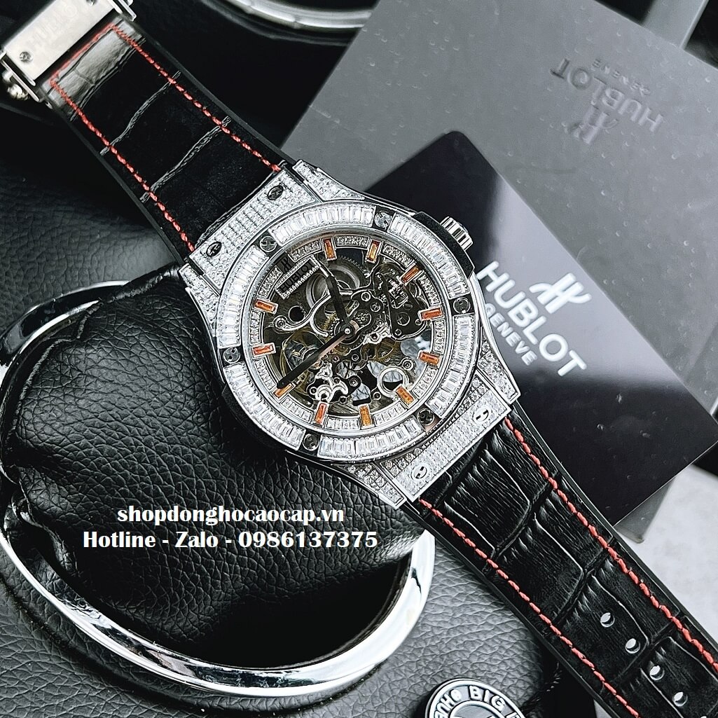 Đồng Hồ Hublot Automatic Nam Lộ Máy Dây Da Silicon Đen Đính Đá 42mm