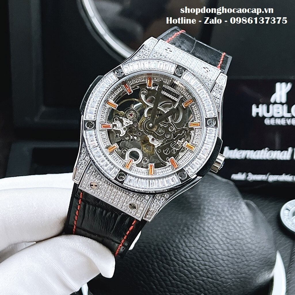 Đồng Hồ Hublot Automatic Nam Lộ Máy Dây Da Silicon Đen Đính Đá 42mm