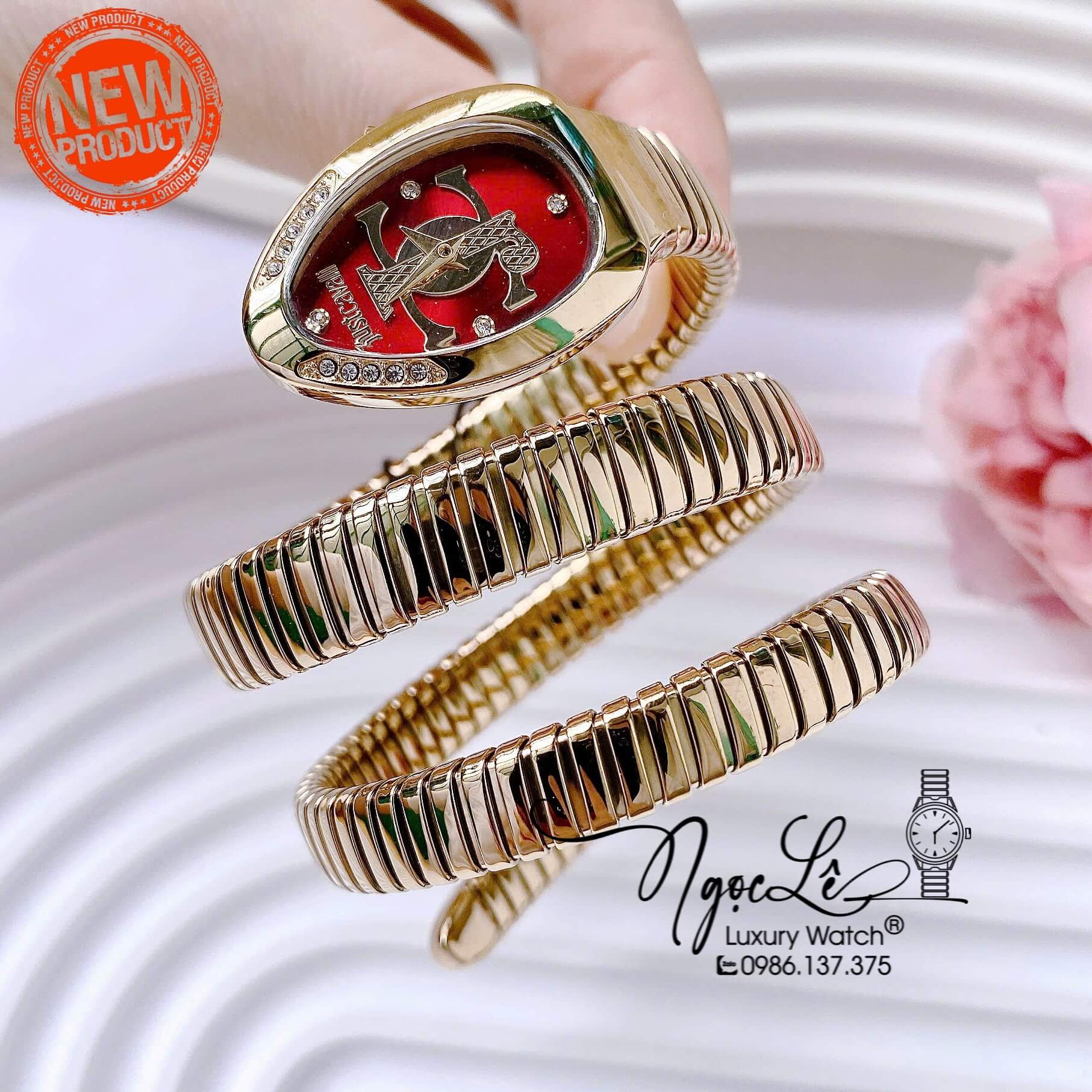 Đồng Hồ Nữ Just Cavalli Rắn Quấn 3 Vòng Màu Demi Vàng Mặt Đỏ Cao Cấp Size 23mm