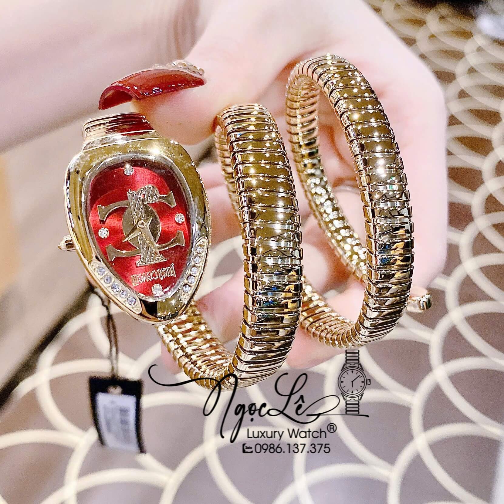 Đồng Hồ Nữ Just Cavalli Rắn Quấn 3 Vòng Màu Demi Vàng Mặt Đỏ Cao Cấp Size 23mm
