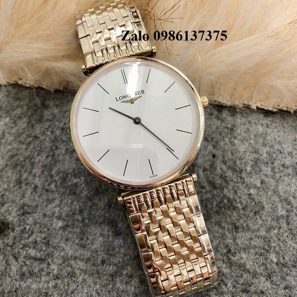 Đồng Hồ Longines Dây Vàng Mặt Trắng Chia Vạch Quartz Thụy Sĩ Kính Sapphire Cao Cấp Đủ Size Cho Nam Và Nữ